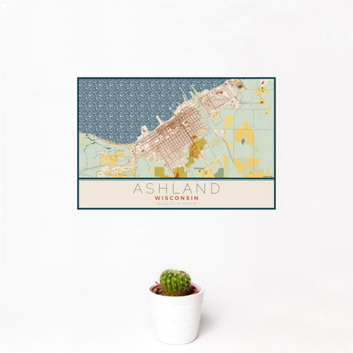 12x18 Ashland Wisconsin Map Print Landscape Orientation in Woodblock Style With Small Cactus Plant in White Planter