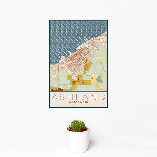 12x18 Ashland Wisconsin Map Print Portrait Orientation in Woodblock Style With Small Cactus Plant in White Planter