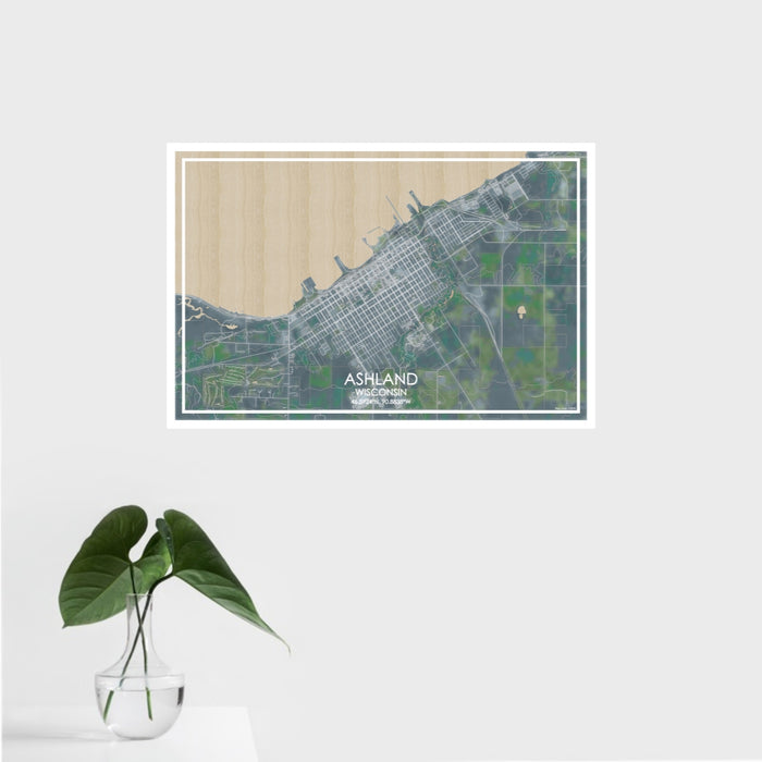 16x24 Ashland Wisconsin Map Print Landscape Orientation in Afternoon Style With Tropical Plant Leaves in Water