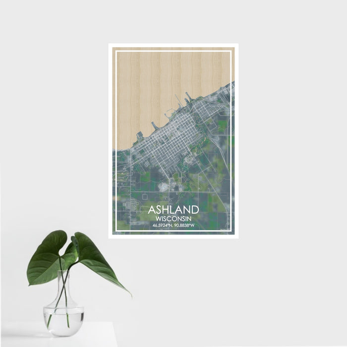 16x24 Ashland Wisconsin Map Print Portrait Orientation in Afternoon Style With Tropical Plant Leaves in Water