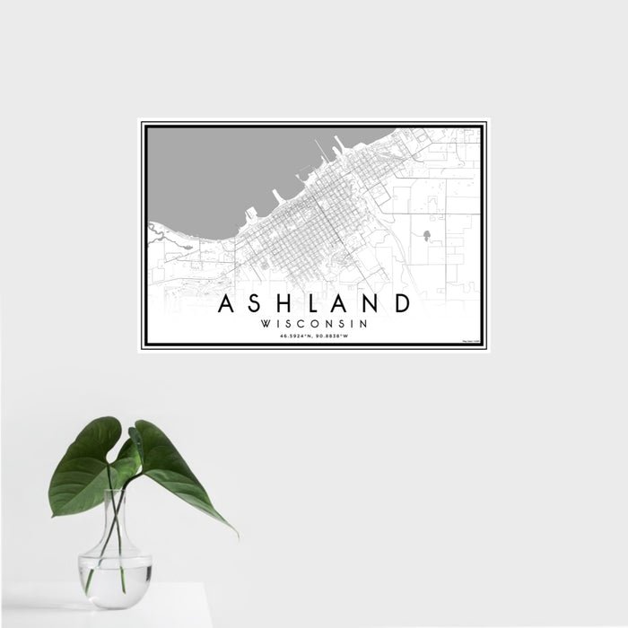 16x24 Ashland Wisconsin Map Print Landscape Orientation in Classic Style With Tropical Plant Leaves in Water