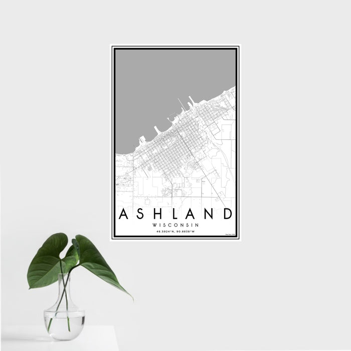 16x24 Ashland Wisconsin Map Print Portrait Orientation in Classic Style With Tropical Plant Leaves in Water