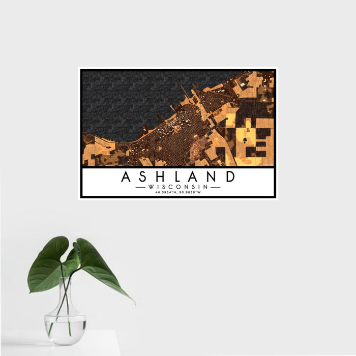 16x24 Ashland Wisconsin Map Print Landscape Orientation in Ember Style With Tropical Plant Leaves in Water