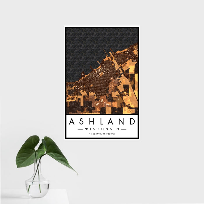 16x24 Ashland Wisconsin Map Print Portrait Orientation in Ember Style With Tropical Plant Leaves in Water