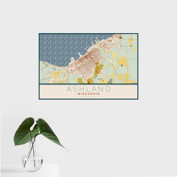 16x24 Ashland Wisconsin Map Print Landscape Orientation in Woodblock Style With Tropical Plant Leaves in Water