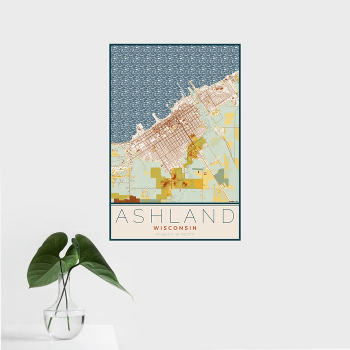 16x24 Ashland Wisconsin Map Print Portrait Orientation in Woodblock Style With Tropical Plant Leaves in Water