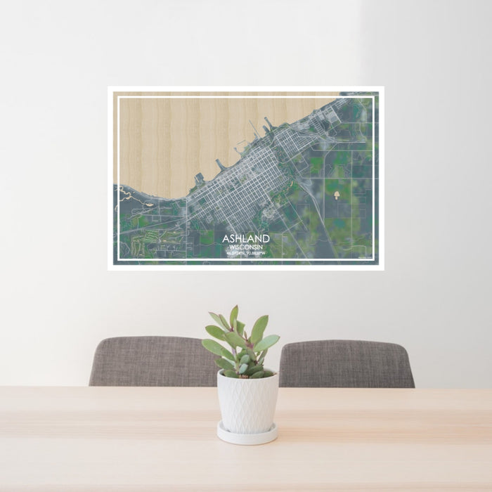 24x36 Ashland Wisconsin Map Print Lanscape Orientation in Afternoon Style Behind 2 Chairs Table and Potted Plant