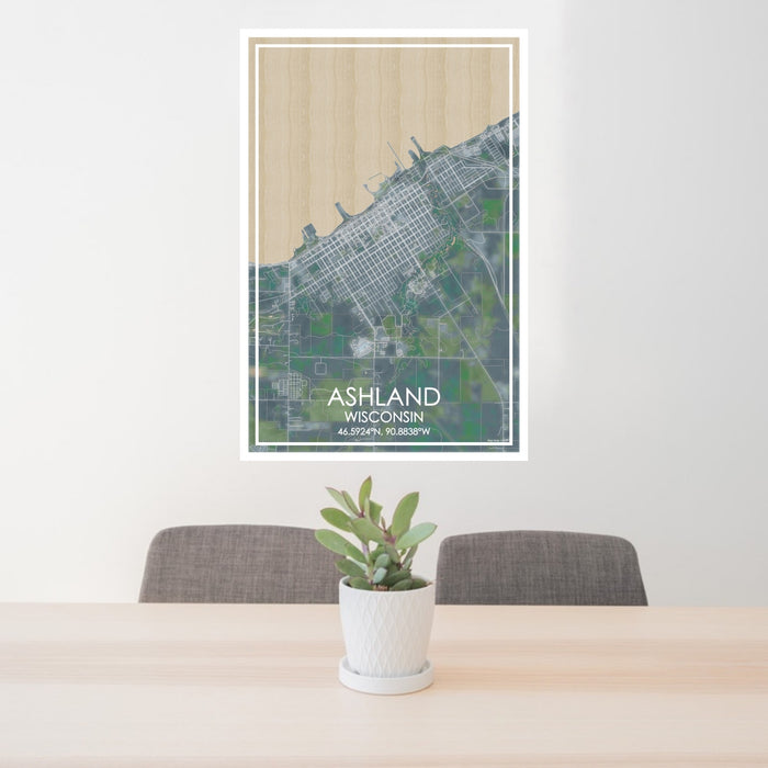 24x36 Ashland Wisconsin Map Print Portrait Orientation in Afternoon Style Behind 2 Chairs Table and Potted Plant
