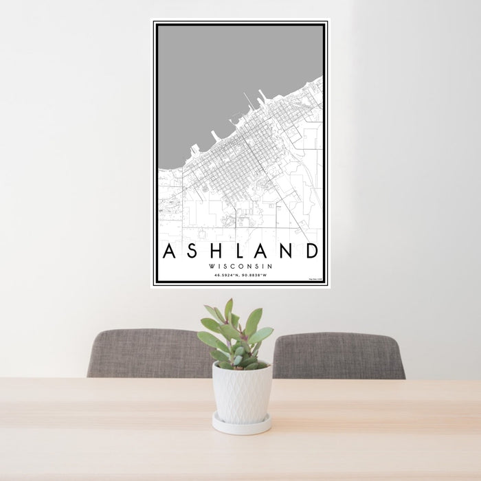 24x36 Ashland Wisconsin Map Print Portrait Orientation in Classic Style Behind 2 Chairs Table and Potted Plant