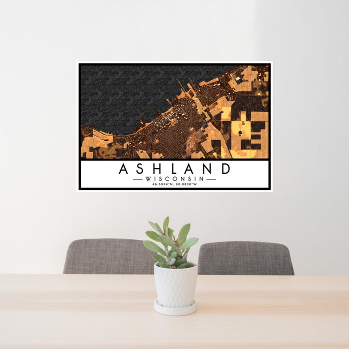 24x36 Ashland Wisconsin Map Print Lanscape Orientation in Ember Style Behind 2 Chairs Table and Potted Plant