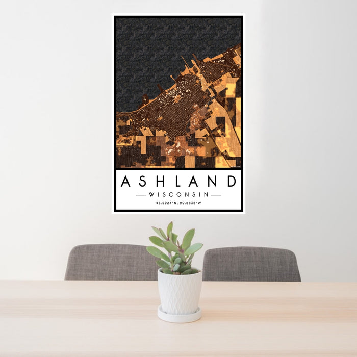 24x36 Ashland Wisconsin Map Print Portrait Orientation in Ember Style Behind 2 Chairs Table and Potted Plant