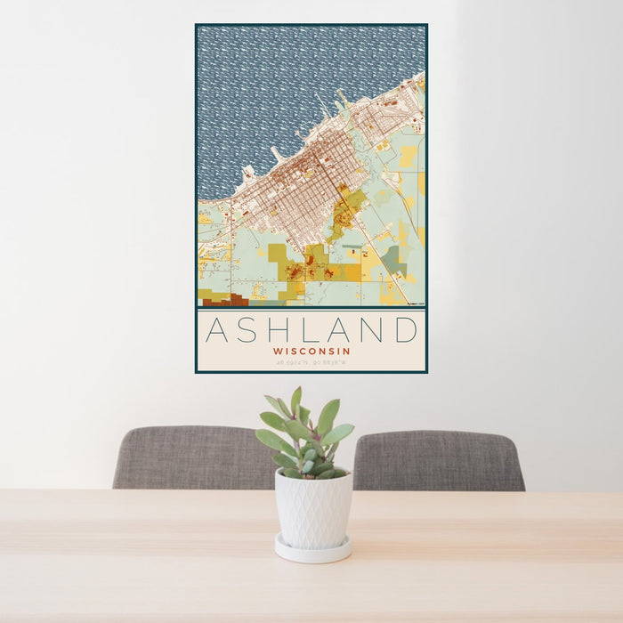 24x36 Ashland Wisconsin Map Print Portrait Orientation in Woodblock Style Behind 2 Chairs Table and Potted Plant