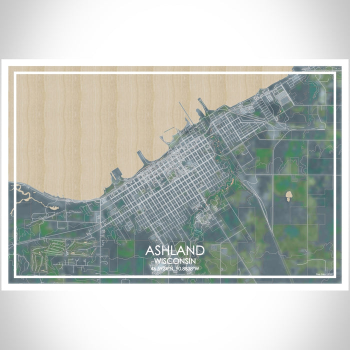 Ashland Wisconsin Map Print Landscape Orientation in Afternoon Style With Shaded Background