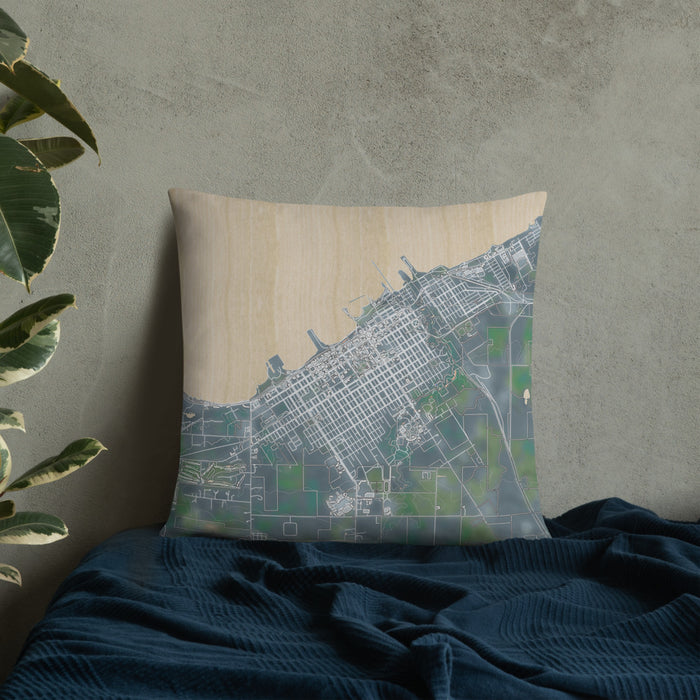 Custom Ashland Wisconsin Map Throw Pillow in Afternoon on Bedding Against Wall