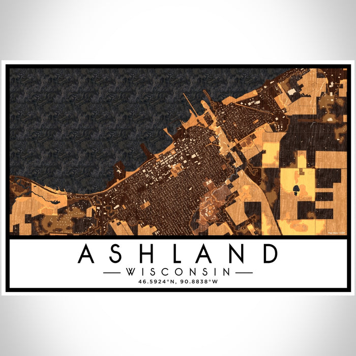 Ashland Wisconsin Map Print Landscape Orientation in Ember Style With Shaded Background