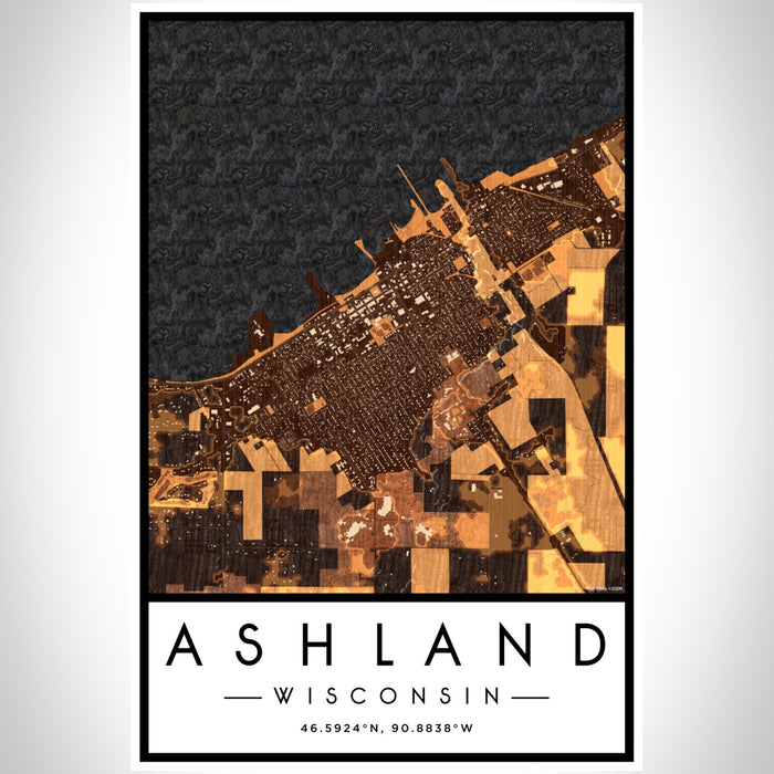 Ashland Wisconsin Map Print Portrait Orientation in Ember Style With Shaded Background