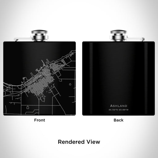 Rendered View of Ashland Wisconsin Map Engraving on 6oz Stainless Steel Flask in Black
