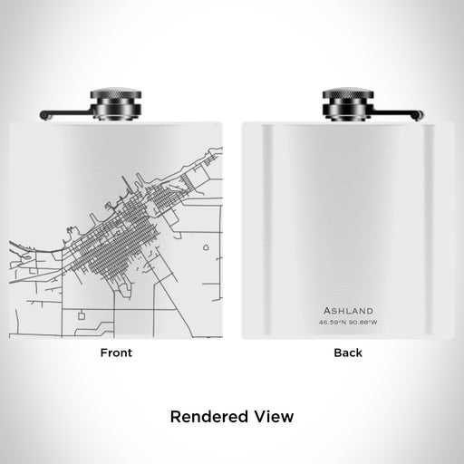 Rendered View of Ashland Wisconsin Map Engraving on 6oz Stainless Steel Flask in White