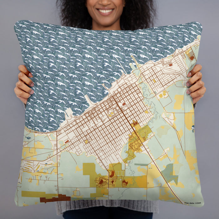 Person holding 22x22 Custom Ashland Wisconsin Map Throw Pillow in Woodblock