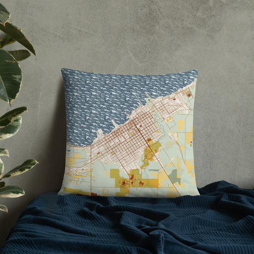 Custom Ashland Wisconsin Map Throw Pillow in Woodblock on Bedding Against Wall