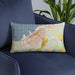 Custom Ashland Wisconsin Map Throw Pillow in Woodblock on Blue Colored Chair