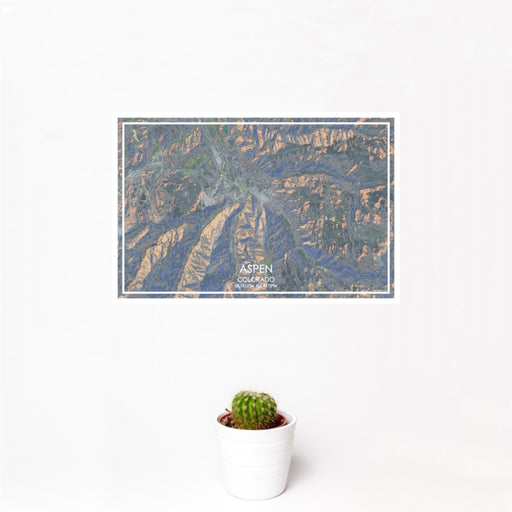 12x18 Aspen Colorado Map Print Landscape Orientation in Afternoon Style With Small Cactus Plant in White Planter