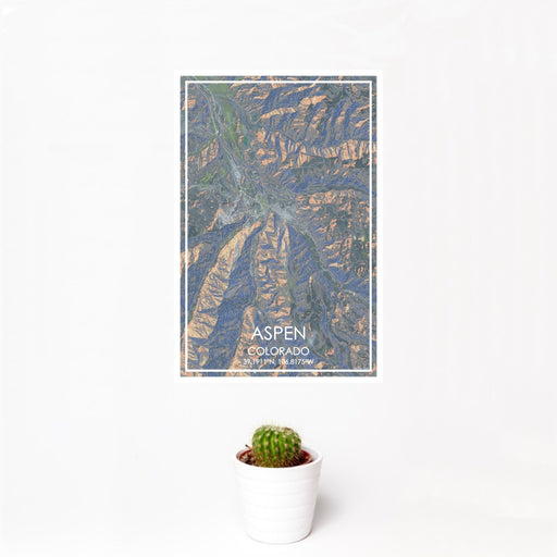 12x18 Aspen Colorado Map Print Portrait Orientation in Afternoon Style With Small Cactus Plant in White Planter