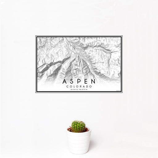 12x18 Aspen Colorado Map Print Landscape Orientation in Classic Style With Small Cactus Plant in White Planter