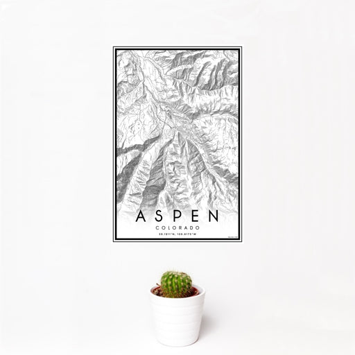 12x18 Aspen Colorado Map Print Portrait Orientation in Classic Style With Small Cactus Plant in White Planter
