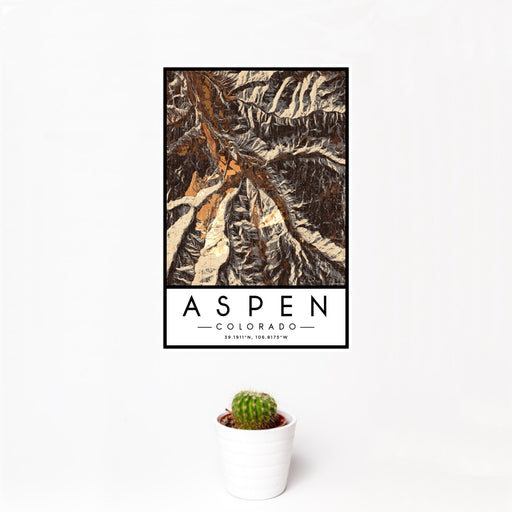 12x18 Aspen Colorado Map Print Portrait Orientation in Ember Style With Small Cactus Plant in White Planter
