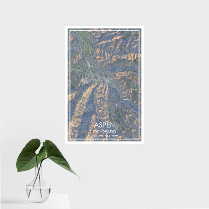 16x24 Aspen Colorado Map Print Portrait Orientation in Afternoon Style With Tropical Plant Leaves in Water