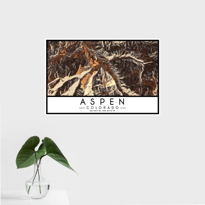 16x24 Aspen Colorado Map Print Landscape Orientation in Ember Style With Tropical Plant Leaves in Water