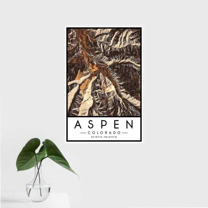 16x24 Aspen Colorado Map Print Portrait Orientation in Ember Style With Tropical Plant Leaves in Water
