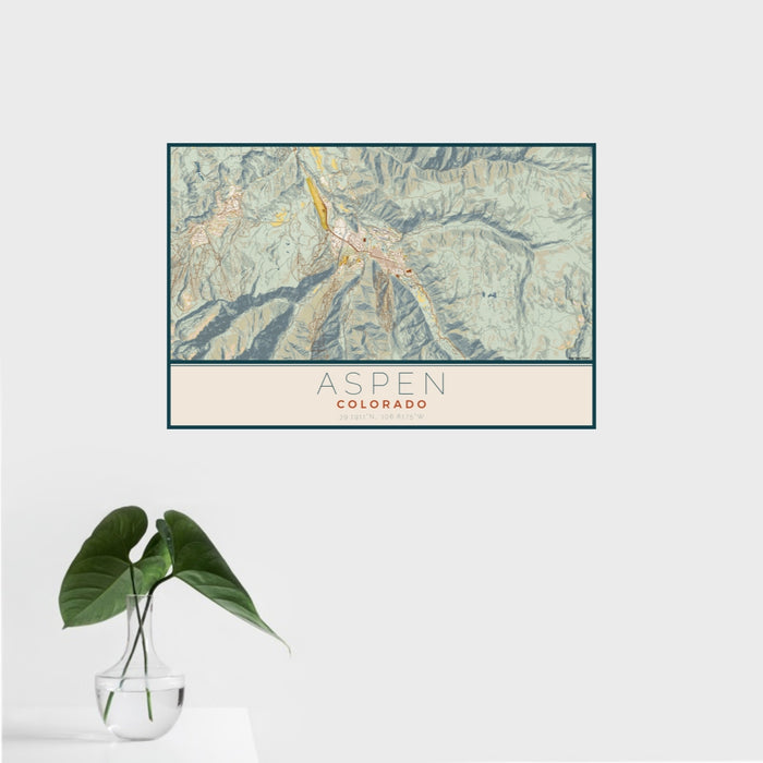 16x24 Aspen Colorado Map Print Landscape Orientation in Woodblock Style With Tropical Plant Leaves in Water