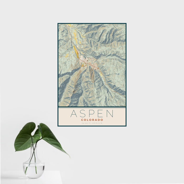 16x24 Aspen Colorado Map Print Portrait Orientation in Woodblock Style With Tropical Plant Leaves in Water