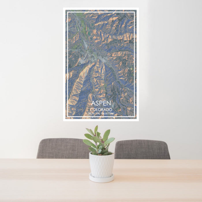 24x36 Aspen Colorado Map Print Portrait Orientation in Afternoon Style Behind 2 Chairs Table and Potted Plant