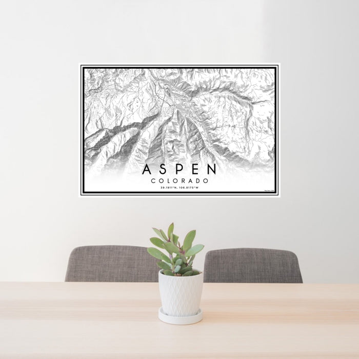 24x36 Aspen Colorado Map Print Lanscape Orientation in Classic Style Behind 2 Chairs Table and Potted Plant