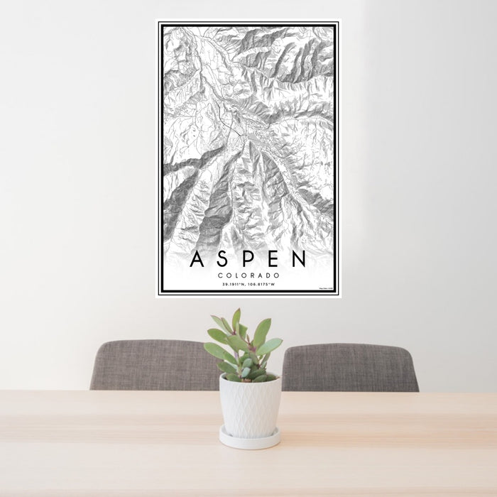 24x36 Aspen Colorado Map Print Portrait Orientation in Classic Style Behind 2 Chairs Table and Potted Plant