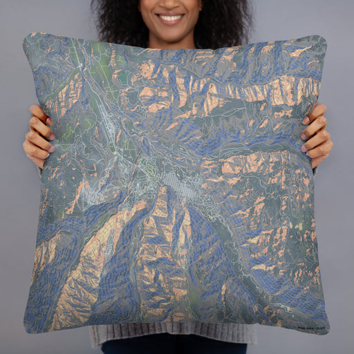 Person holding 22x22 Custom Aspen Colorado Map Throw Pillow in Afternoon