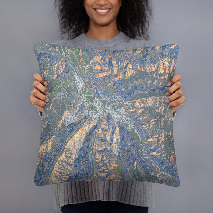Person holding 18x18 Custom Aspen Colorado Map Throw Pillow in Afternoon