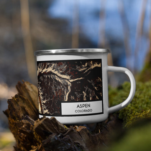 Right View Custom Aspen Colorado Map Enamel Mug in Ember on Grass With Trees in Background