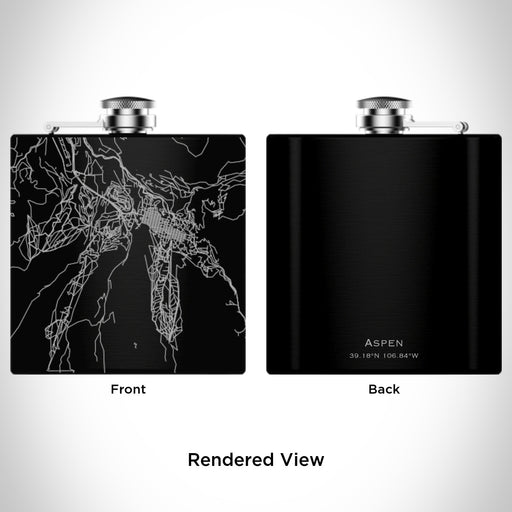 Rendered View of Aspen Colorado Map Engraving on 6oz Stainless Steel Flask in Black