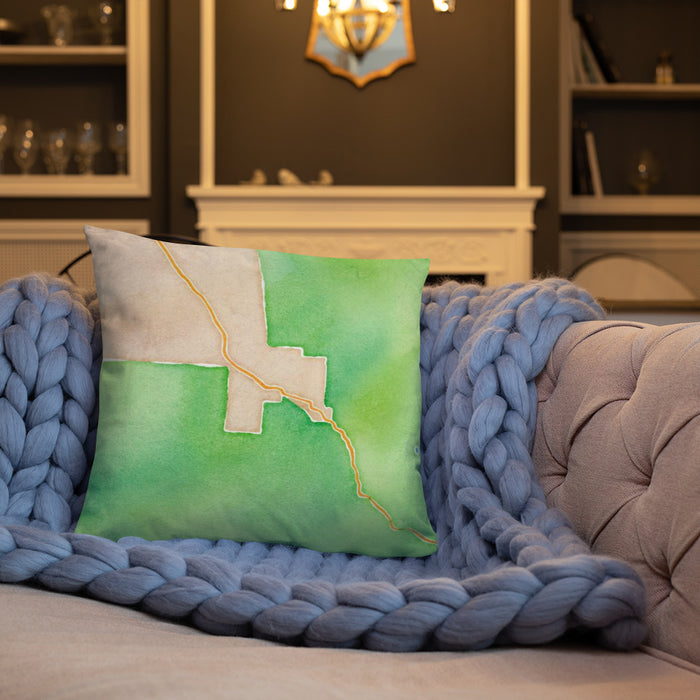 Custom Aspen Colorado Map Throw Pillow in Watercolor on Cream Colored Couch