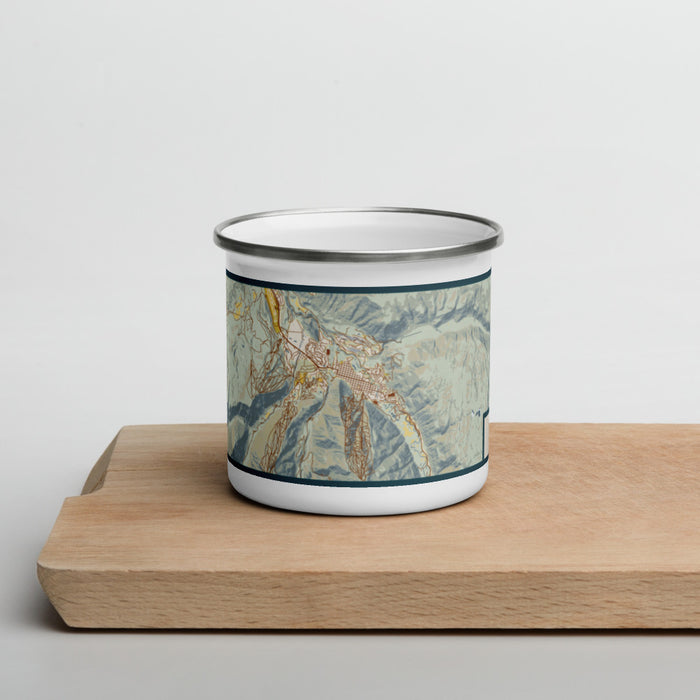 Front View Custom Aspen Colorado Map Enamel Mug in Woodblock on Cutting Board
