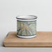 Front View Custom Aspen Colorado Map Enamel Mug in Woodblock on Cutting Board