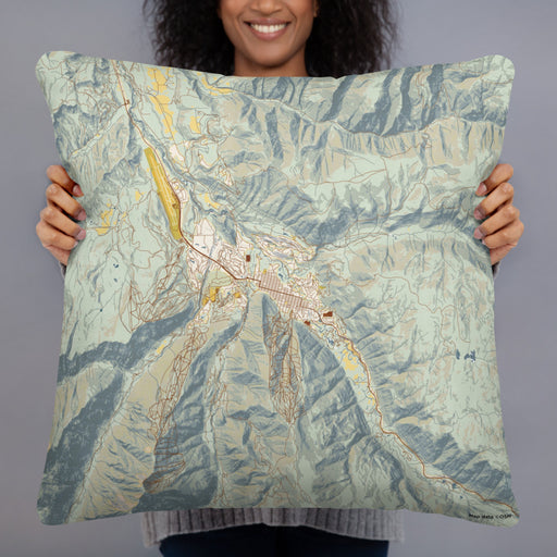 Person holding 22x22 Custom Aspen Colorado Map Throw Pillow in Woodblock