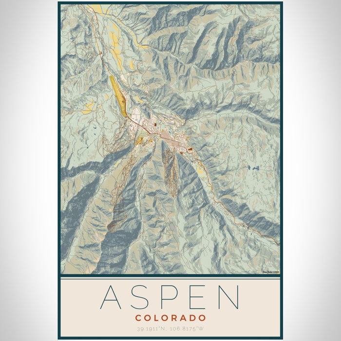 Aspen Colorado Map Print Portrait Orientation in Woodblock Style With Shaded Background