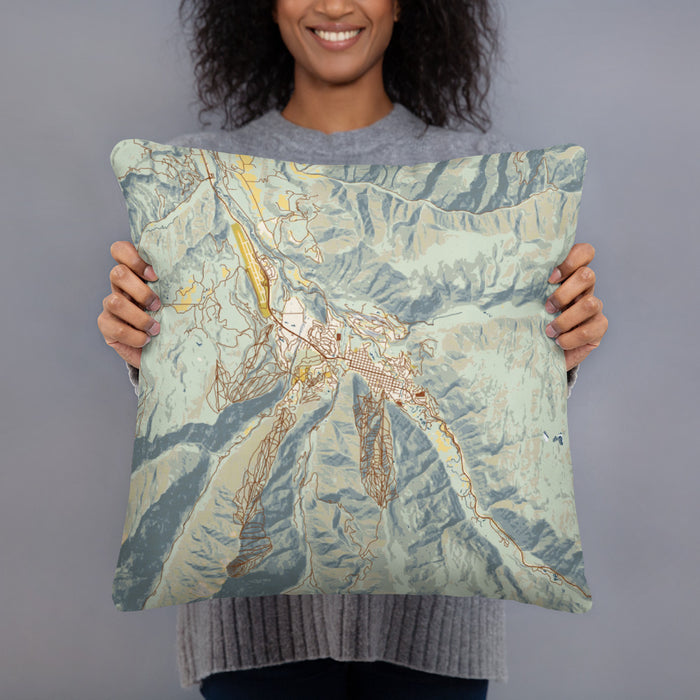 Person holding 18x18 Custom Aspen Colorado Map Throw Pillow in Woodblock