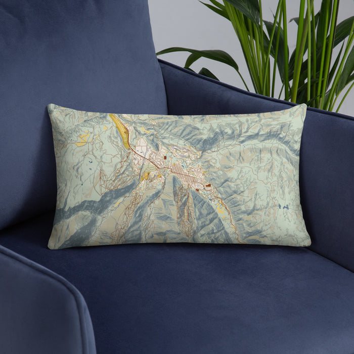 Custom Aspen Colorado Map Throw Pillow in Woodblock on Blue Colored Chair