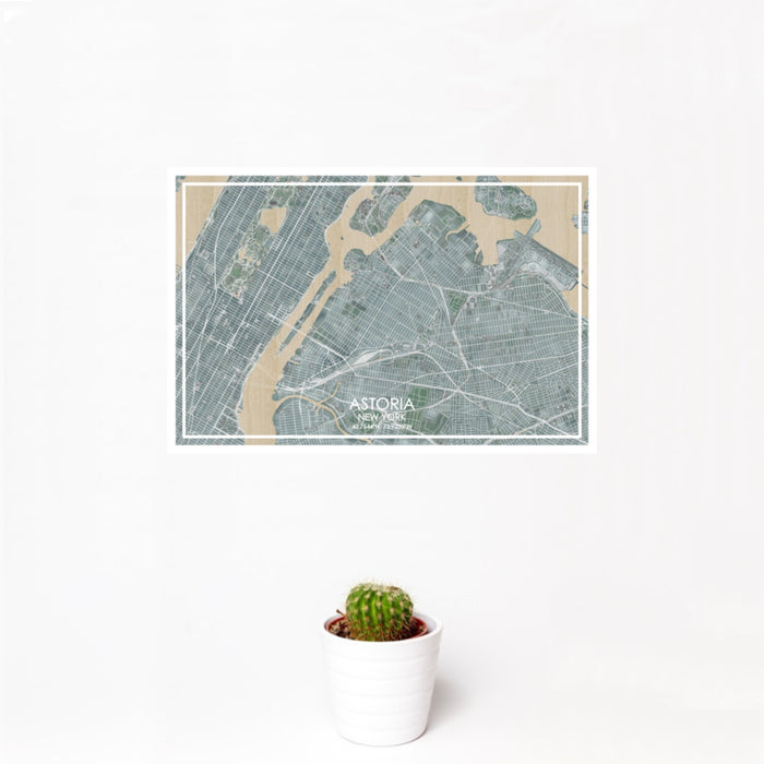 12x18 Astoria New York Map Print Landscape Orientation in Afternoon Style With Small Cactus Plant in White Planter